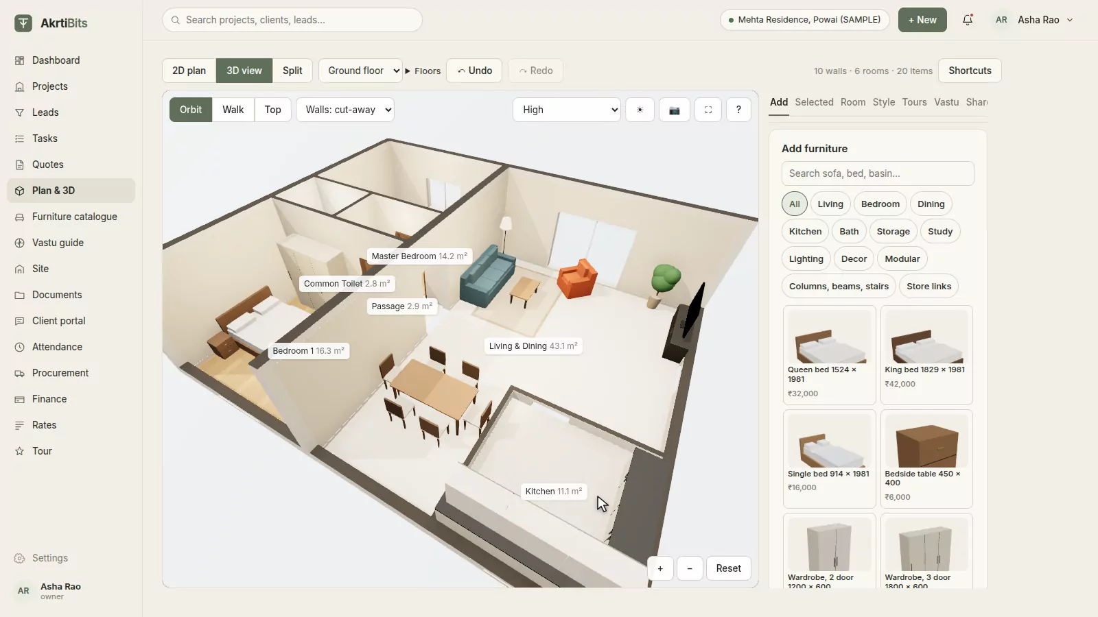The furnished home in 3D, seen from above with the walls cut away