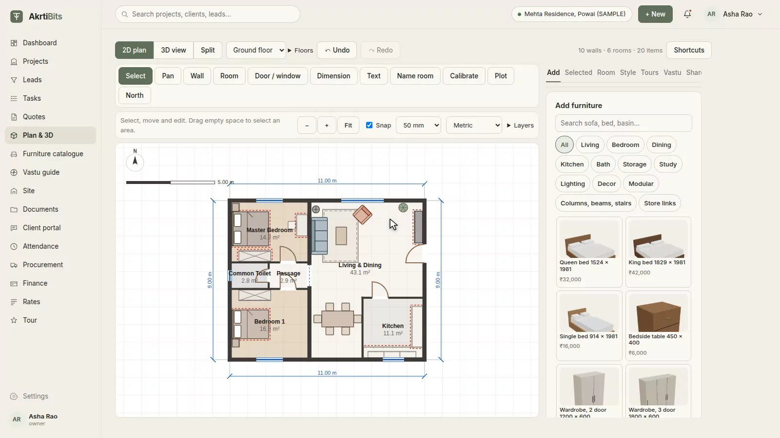 The 2D plan editor with a furnished two-bedroom flat
