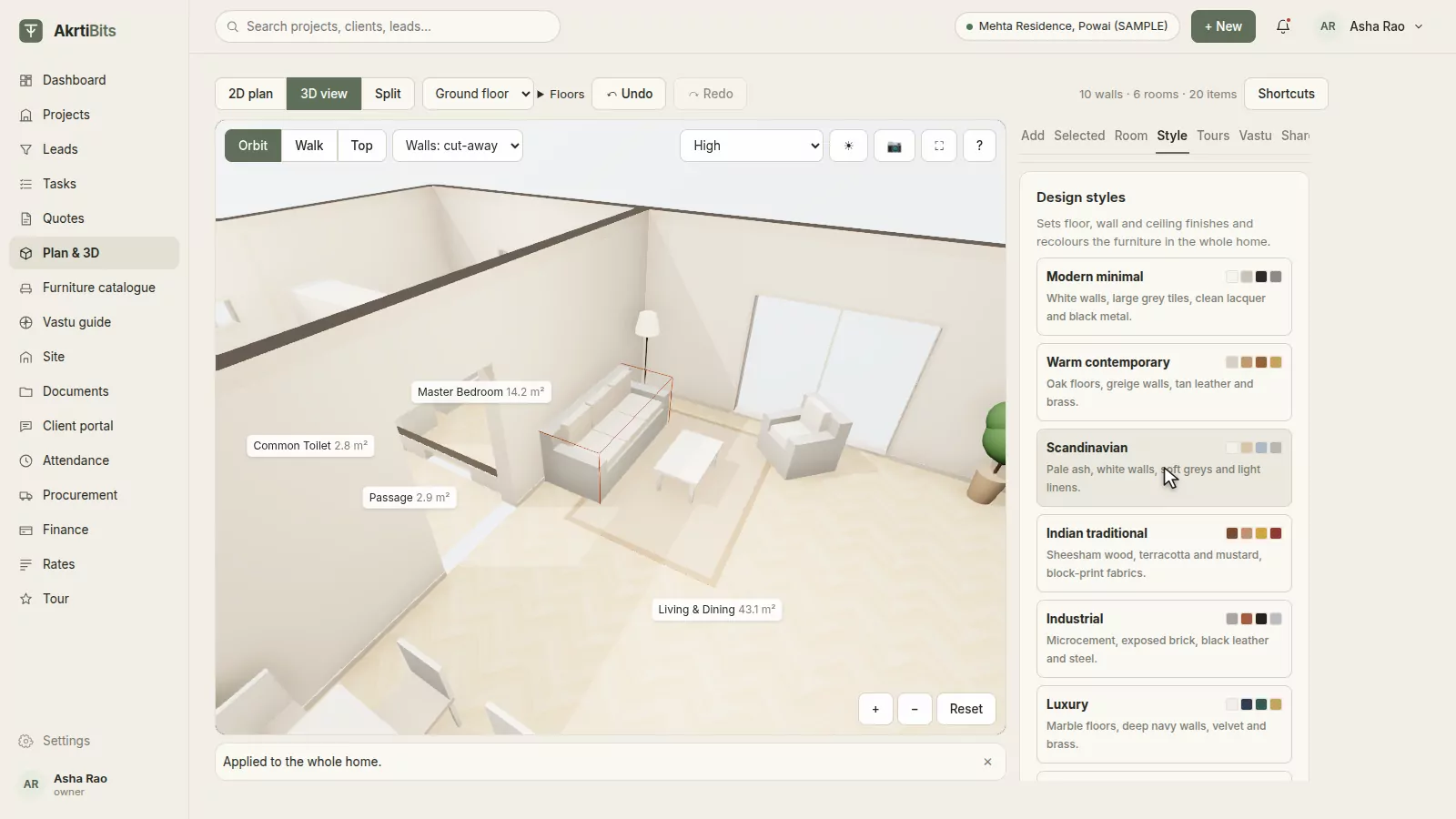 The living room in 3D after applying the Scandinavian style